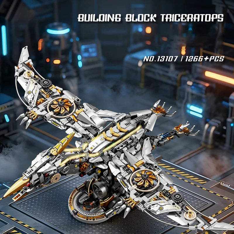 Juego de 1266 Piezas de Bloques de Construcción de Pterodáctilos y Triceratops Mecánicos, Adorno de Escritorio, Juguete Educativo de Ensamblaje, Regalo de Cumpleaños
