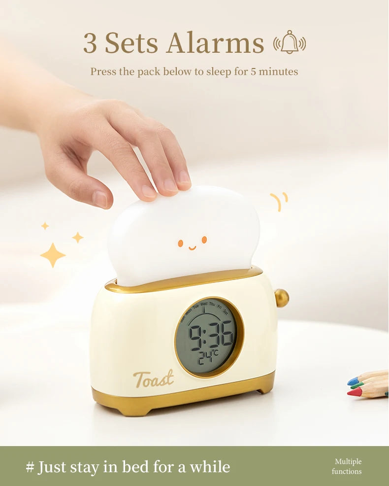 Reloj despertador con luz nocturna para tostadora, reloj despertador para niños, reloj luminoso para mesita de noche, lámpara de noche para dormitorio, decoración, regalo para niños