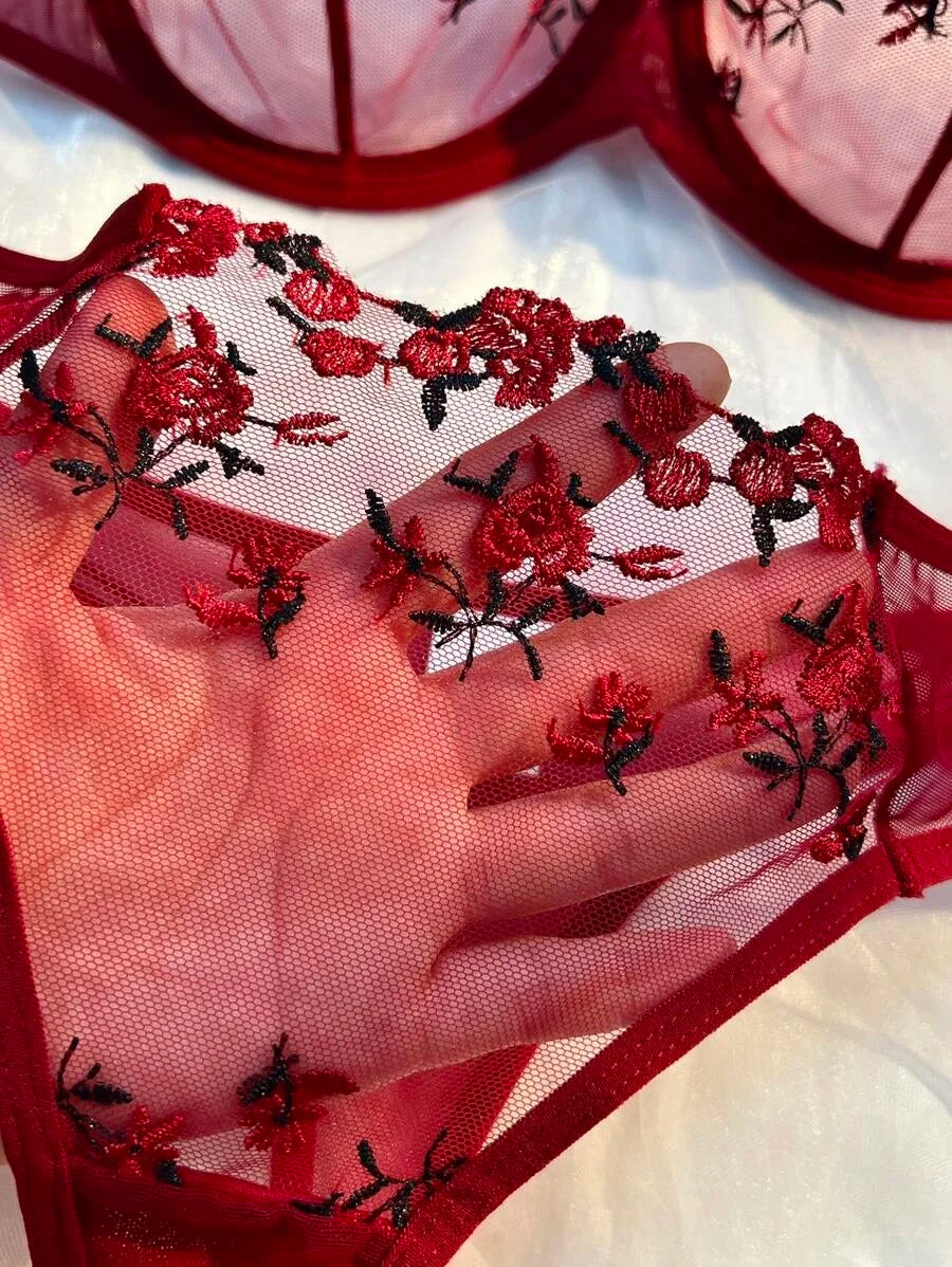 Conjunto de Sujetador y Braguitas con Bordado Floral para Mujer