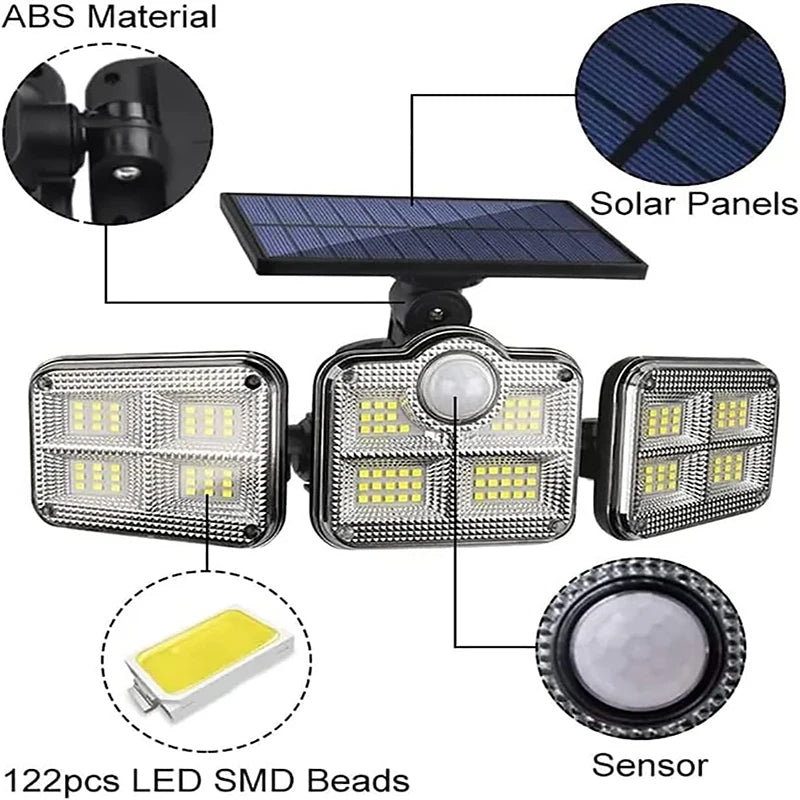 Lámpara Solar 4 Cabezales 122LED 3000 Lúmenes Sensor de Movimiento