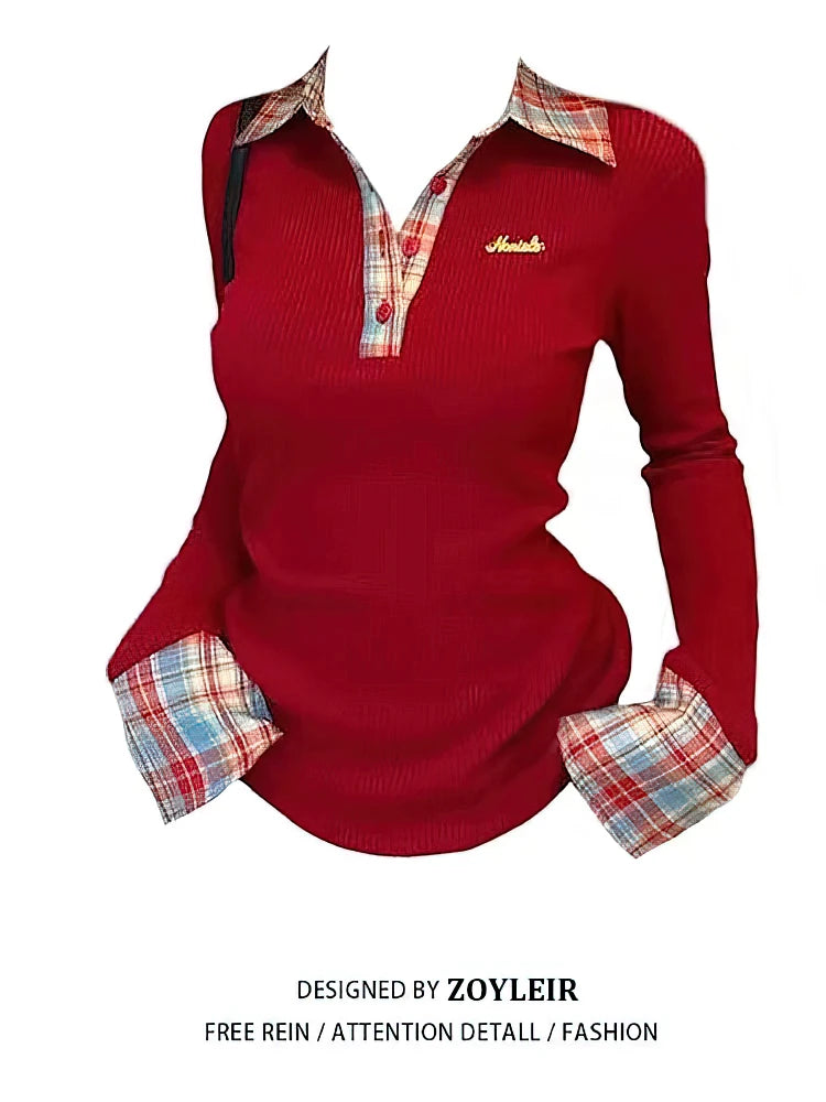 Camiseta de Manga Larga a Cuadros con Cuello Polo