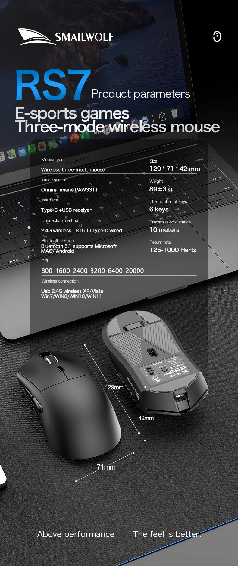 SMAILWOLF RS7 Bluetooth ratón inalámbrico para juegos PAW3311 controlador macro ordenador portátil ordenador de escritorio juego de oficina 20000dpi