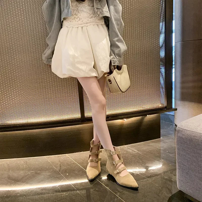 Botines de mujer en ante con hebillas y cremallera, estilo retro occidental