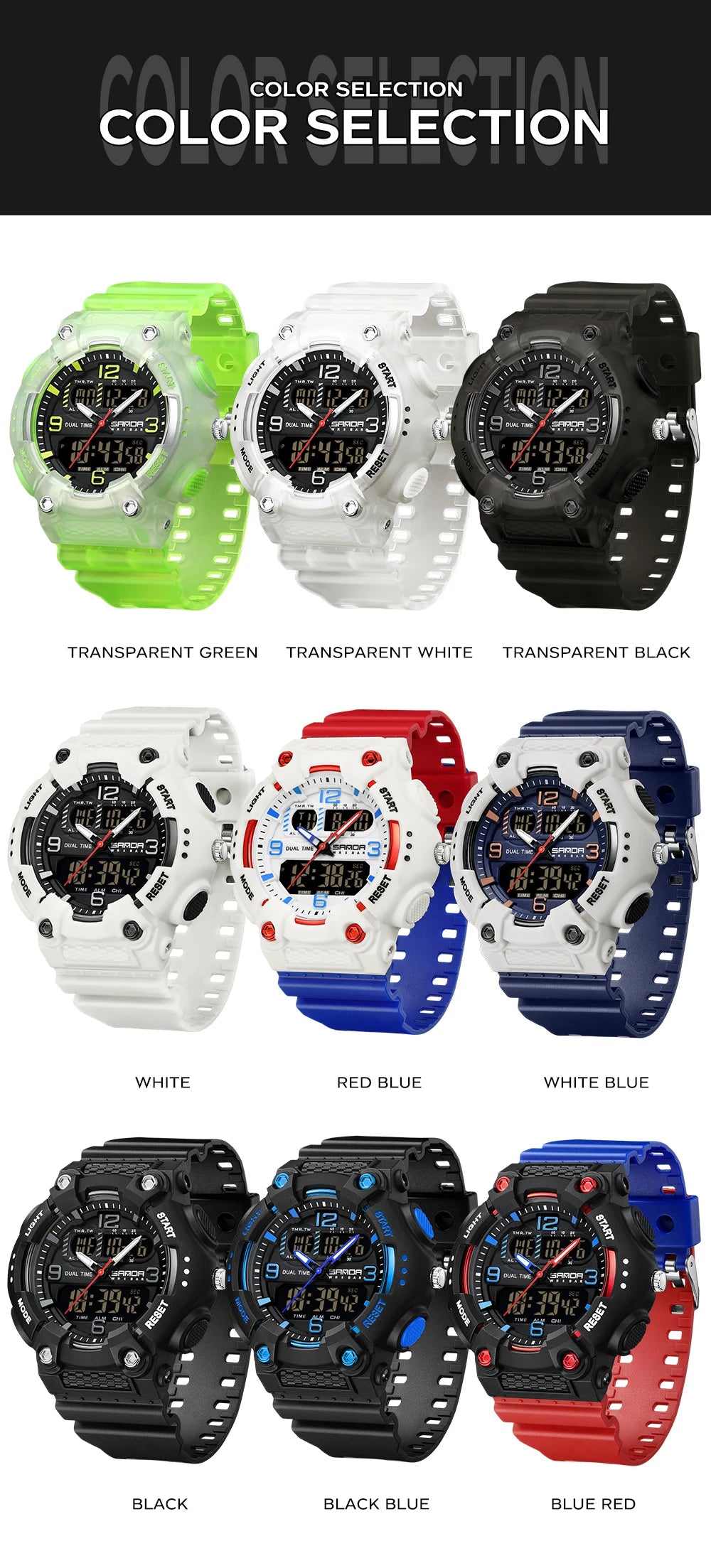 Reloj Digital Deportivo SANDA Pantalla Dual Resistente al Agua 5 Bar
