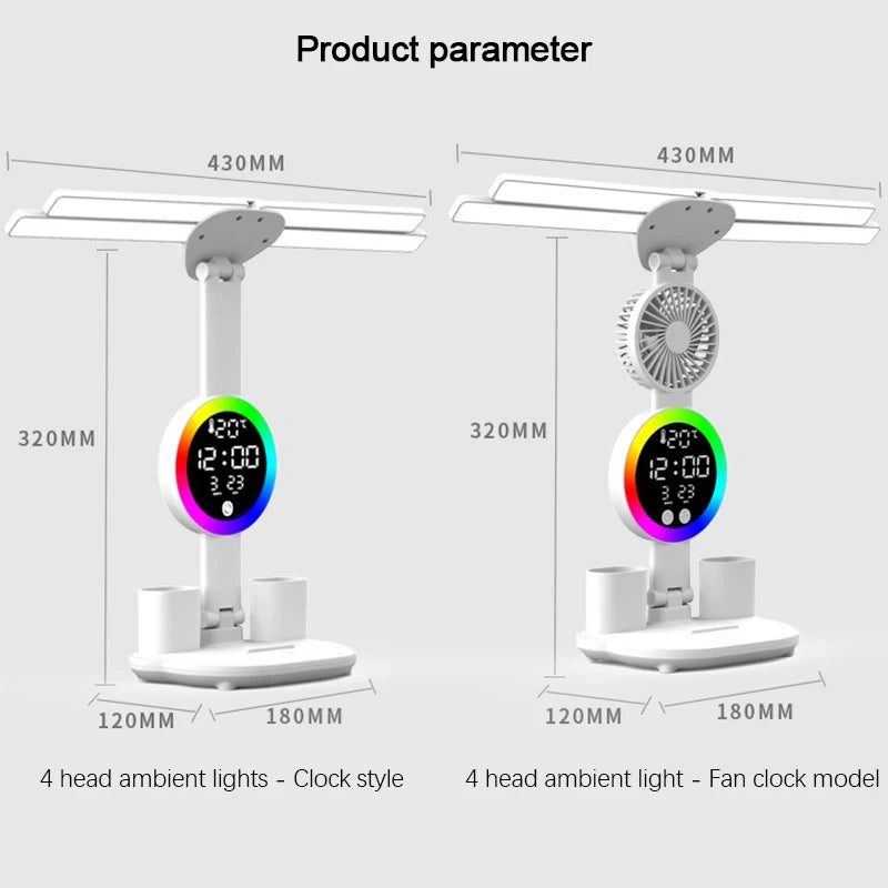 Lámpara de mesa recargable para estudio, lámpara de escritorio, luz de lectura, luz de mesa Led con ventilador, lámpara de lectura de pantalla de reloj Led