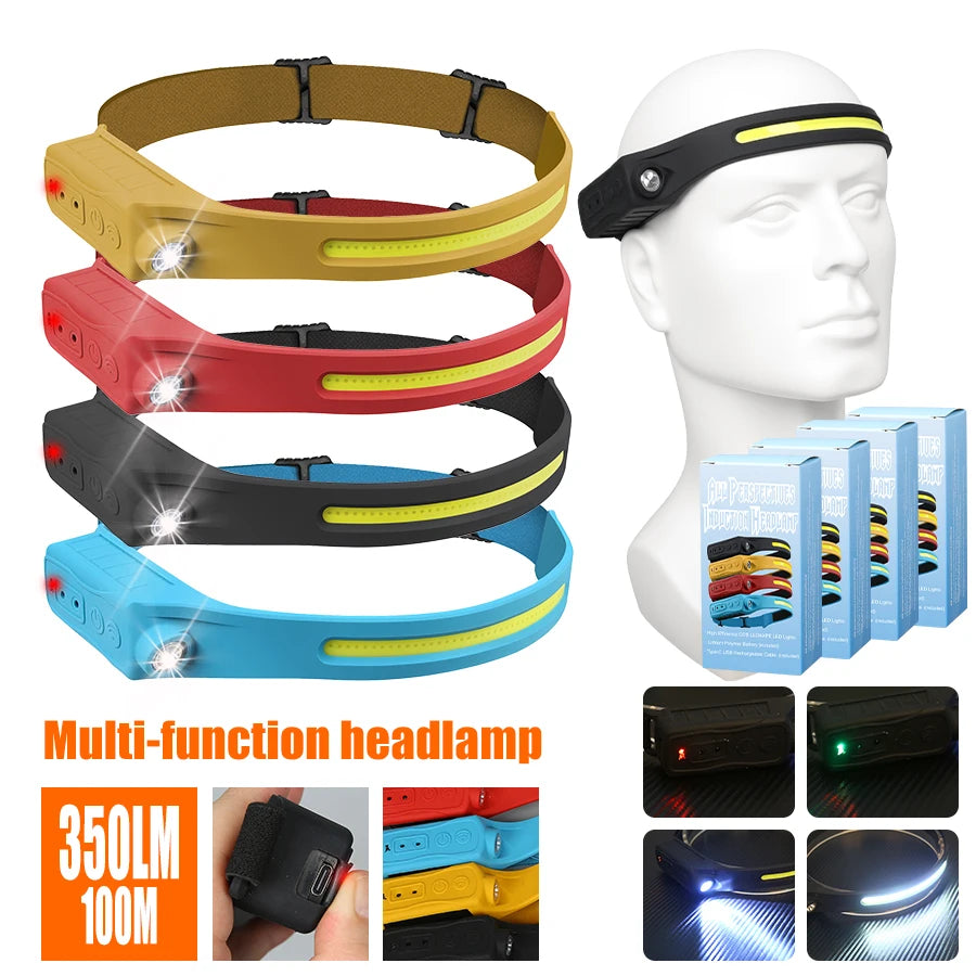 Linterna Frontal LED XPE+COB Recargable USB con Sensor Táctil