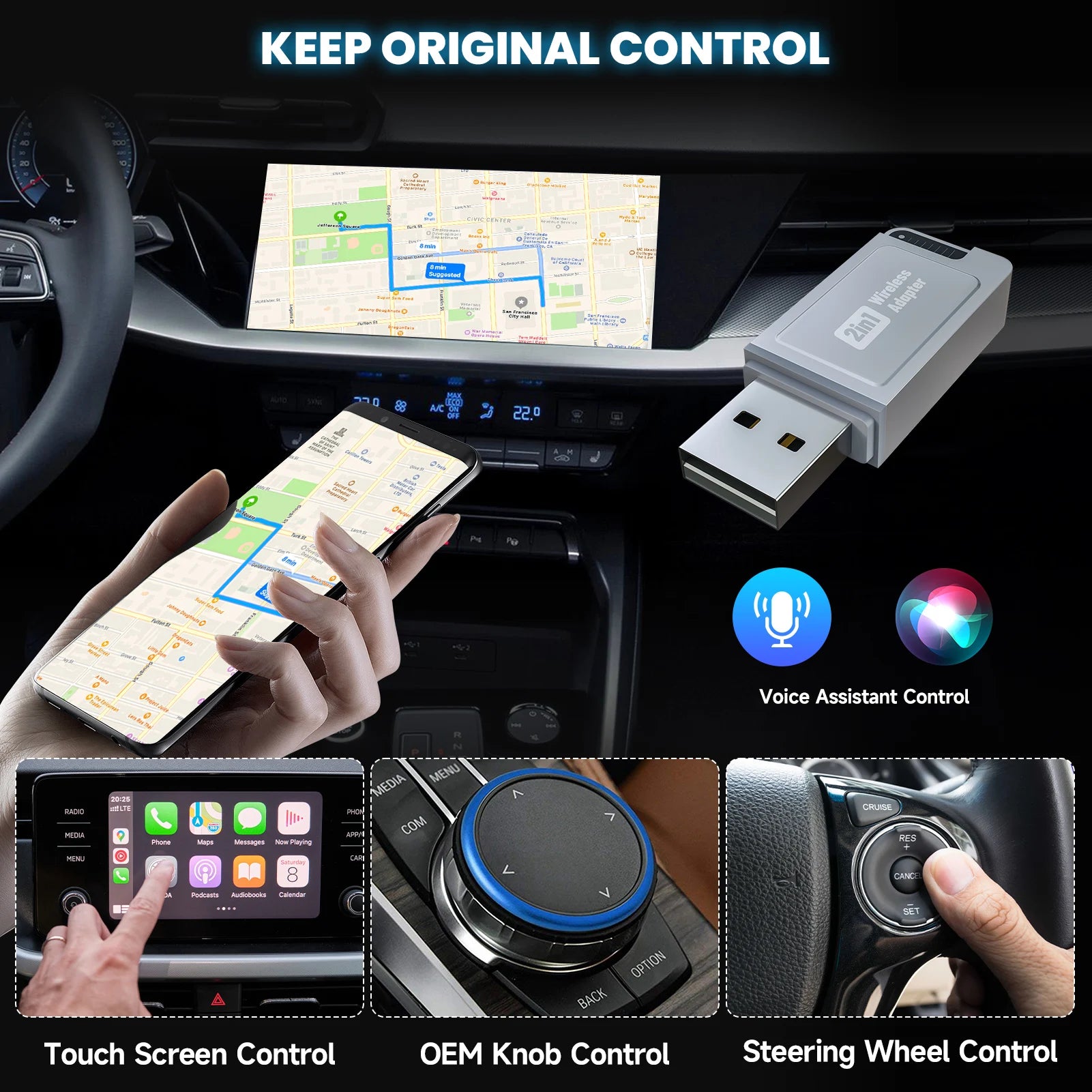Actualización 2025: adaptador inalámbrico CarPlay, enchufe y enchufe, conexión automática, sin retraso, convierte cable a inalámbrico, Compatible con iPhone y Android