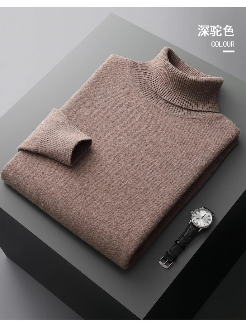 Suéter de cachemira Merina para hombre, Jersey de punto acolchado, cálido, cuello de tortuga, abrigo holgado de talla grande, otoño e invierno, 100%
