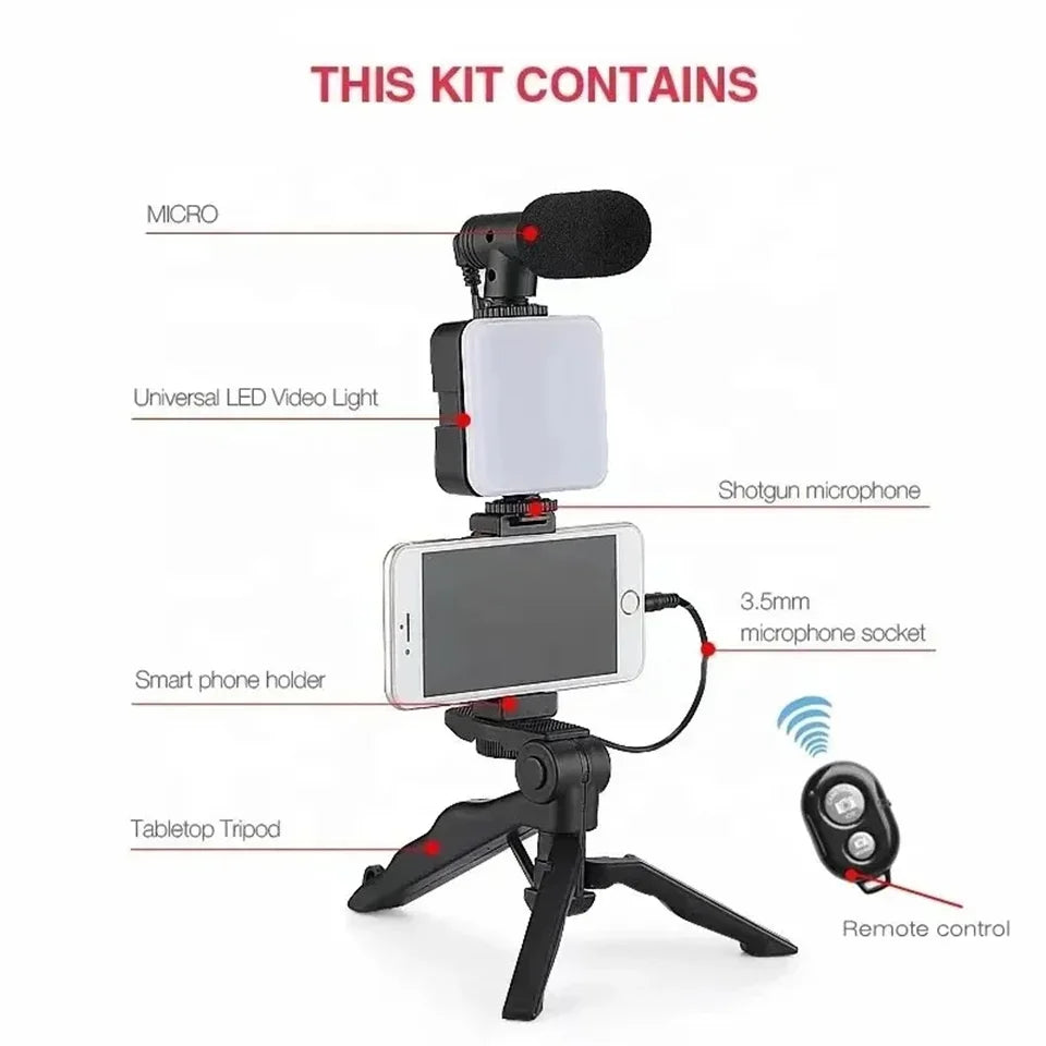 Kit de vlogging para teléfono inteligente con trípode, soporte para teléfono, Mini micrófono, luz de relleno LED, arrancador para transmisión en vivo, vídeo, YouTube