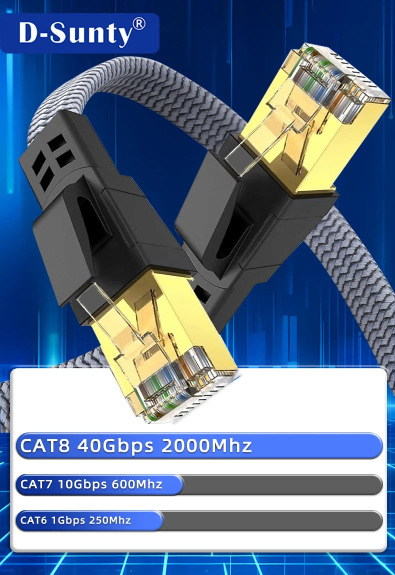Cable Ethernet Cat 8 de 40 Gbps, Cable LAN RJ45 Plano con Trenzado de Nailon de 1M 2M 30M para Router, Módem, Laptop, PC, PS5, Cable CAT8 de Alta Velocidad