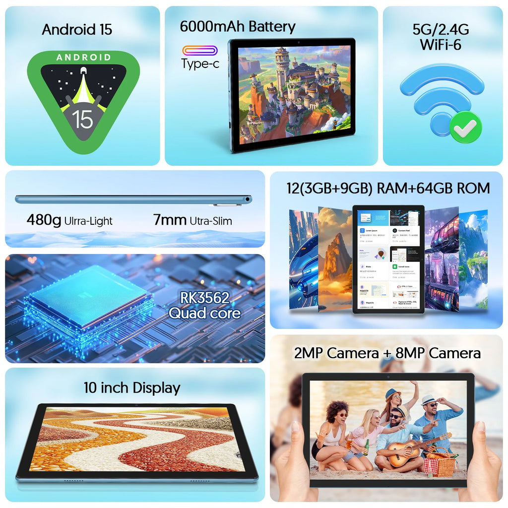 Tablet Android 15 de 10.1 Pulgadas, Compatible con Google Play, Procesador de Cuatro Núcleos, 12GB (3+9) de RAM, 64GB de ROM, Bluetooth, Batería de 6000mAh