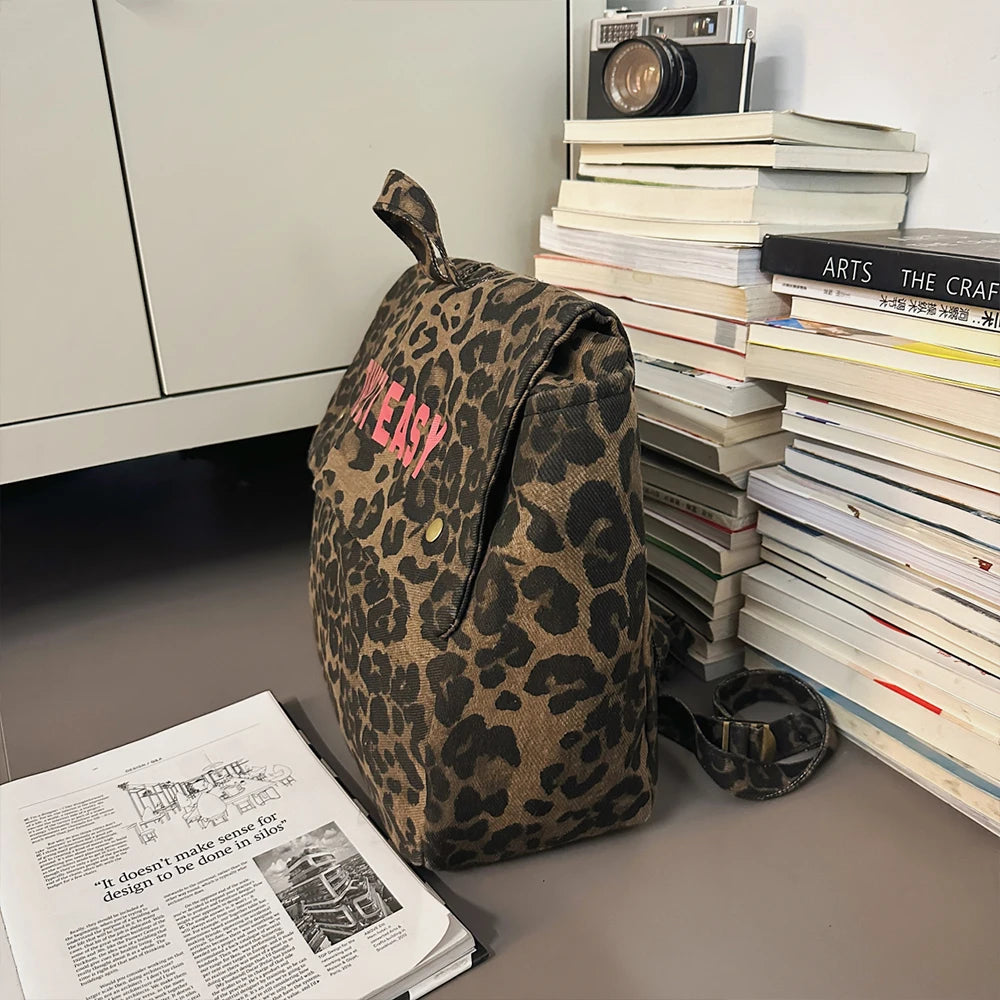 Mochila de Lona Estampado Leopardo Estilo Coreano 2025
