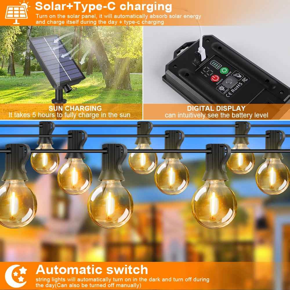 Guirnalda de Luces Solares G40 para Exteriores, Impermeable IP44, 7.6 a 30M