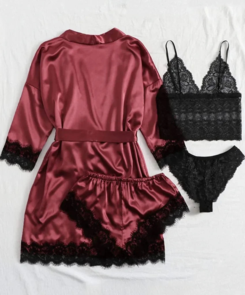 Conjunto de Pijama Sexy para Mujer 4 Piezas con Encaje