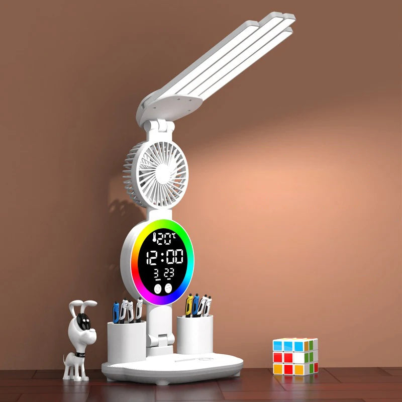 Lámpara de mesa recargable para estudio, lámpara de escritorio, luz de lectura, luz de mesa Led con ventilador, lámpara de lectura de pantalla de reloj Led