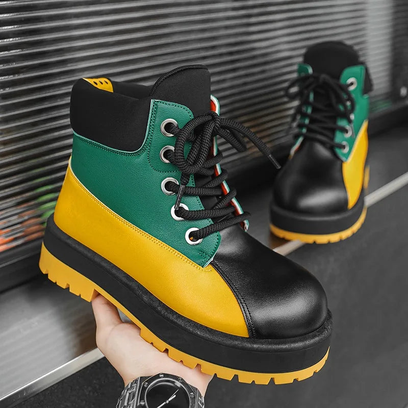 Botas de tobillo bicolor para hombre con suela gruesa antideslizante