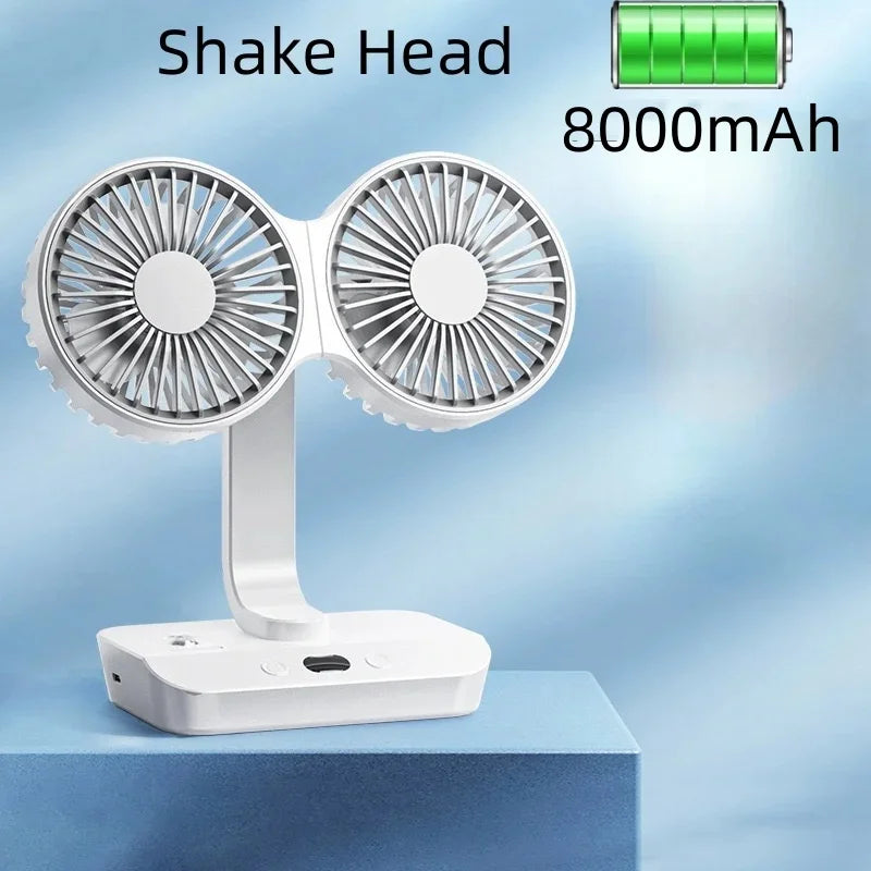 Ventilador de escritorio de doble cabezal, ventilador de 4 engranajes, refrigeración rápida por viento, pantalla Digital, gran capacidad de 2024 mAh, para el hogar, novedad de 12000