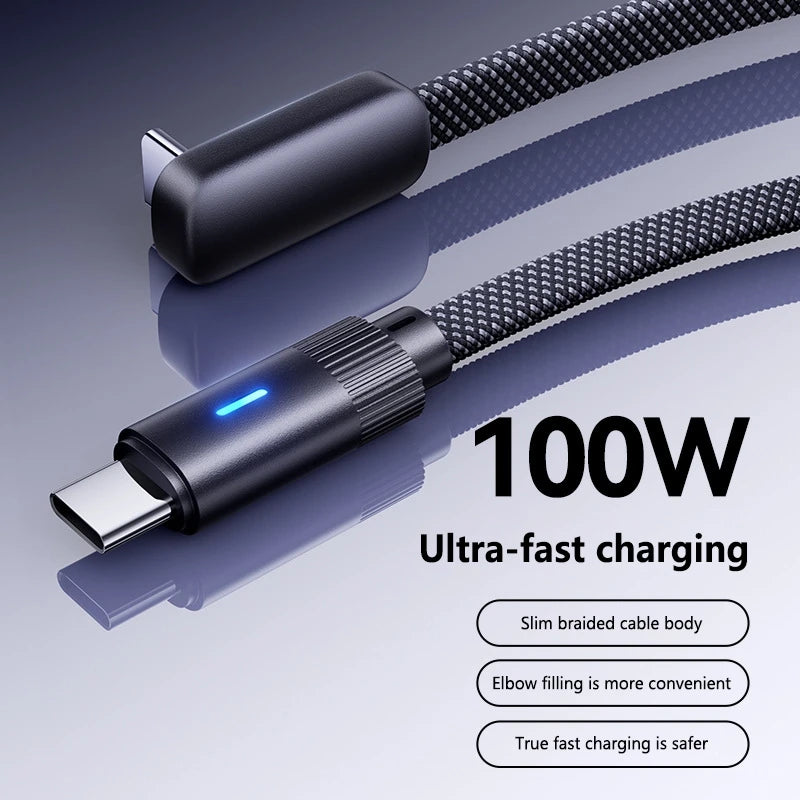 Cable USB-C 100W PD Ángulo Recto 90° para iPhone y Huawei