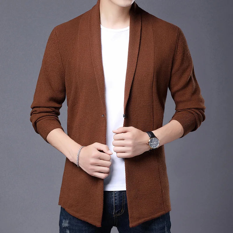 Cárdigan de punto ajustado de lana para hombre, ropa de calle de marca de alta calidad, suéter japonés, abrigos informales, chaqueta, ropa para hombre 2025