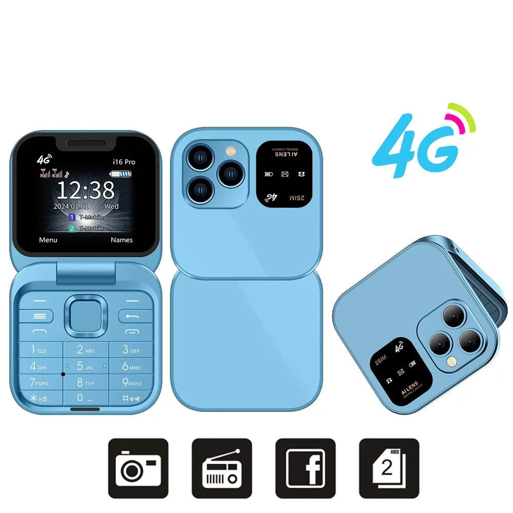SERVO i16 PRO 4G LTE Mini teléfono móvil con tapa Dual SIM llamada en espera grabación velocidad Dial Radio FM pantalla de 1,77 "teléfonos móviles plegables