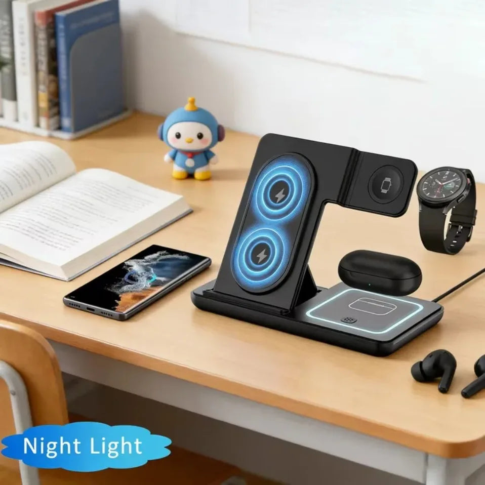 Cargador Inalámbrico 3 en 1 Plegable con LED, Estación de Carga Rápida para Samsung S25 S24 S23 Galaxy Watch 2-9 Active Buds Pro