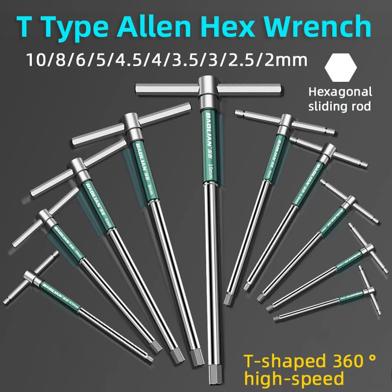 Llave hexagonal Allen tipo T, 2,5/3/4/5/6/8/10mm, llave de varilla deslizante Hexagonal giratoria de alta velocidad, llave dinamométrica hexagonal de acero inoxidable
