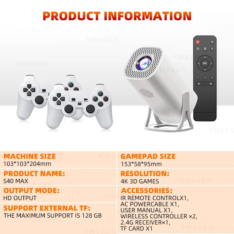 Mini Proyector Consola de Videojuegos 36000 Juegos con Android 11 Video 1080P Proyector para Interiores y Exteriores
