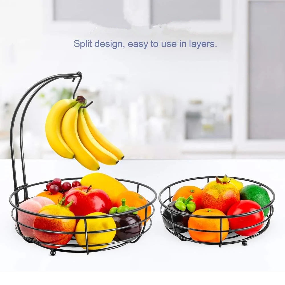 LMETJMA-cesta de frutas para encimera de 2 niveles, cuenco con colgador de plátano, soporte de frutas de alambre de Metal para cocina, organizador de almacenamiento JT312