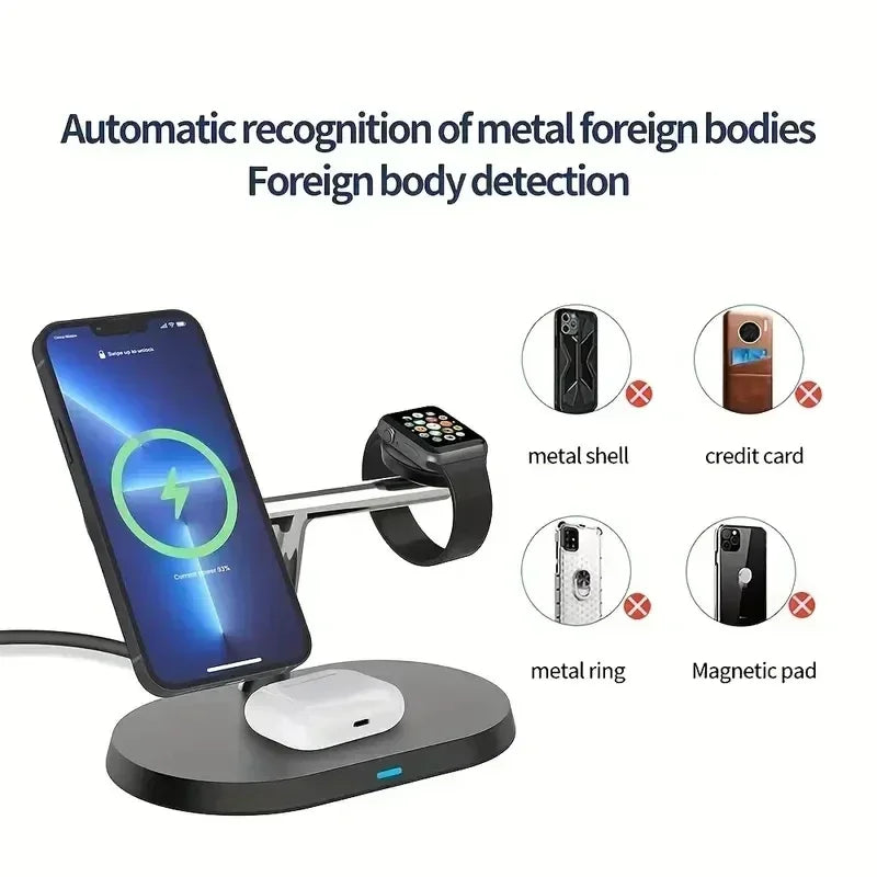 Estación de Carga Inalámbrica Magnética 3 en 1 para iPhone 17 16 15 14 Pro Max, Apple Watch 9 8, Airpods Pro, Base de Carga Macsafe