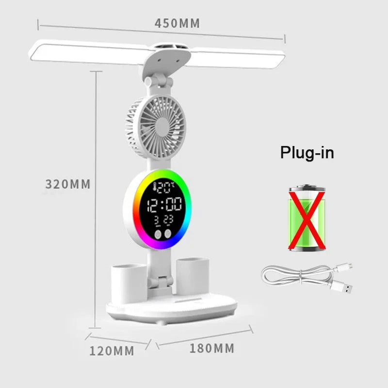 Lámpara de Mesa LED con Ventilador, Reloj y Pantalla