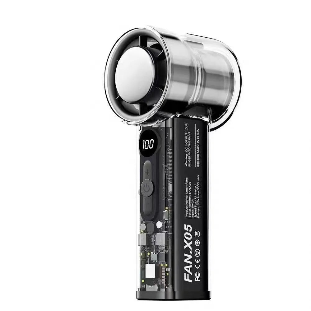 Ventilador de mano de alta velocidad, carga USB, pantalla digital inteligente, refrigeración, mecha transparente, ventilador pequeño turbo para exteriores