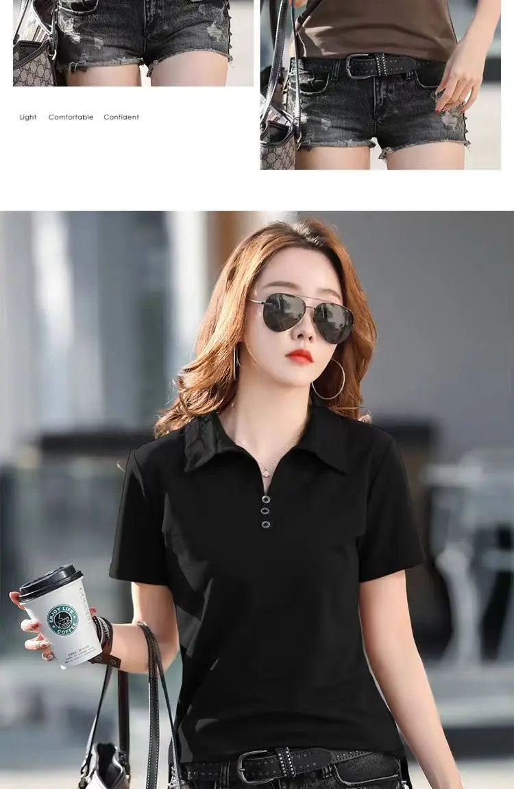 Camiseta Polo Femenina Estilo Coreano de Primavera