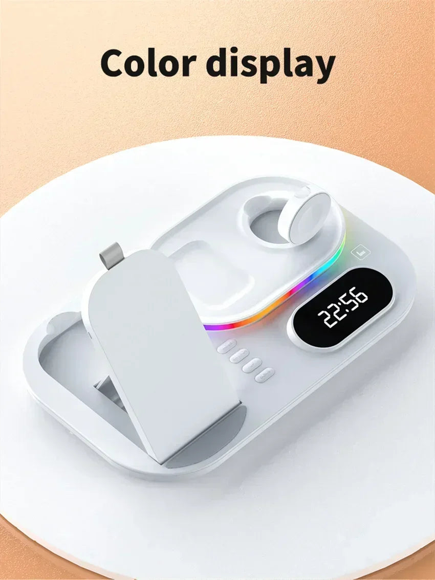 Base de Carga Inalámbrica 4 en 1, Estación de Carga Rápida de 15W para iPhone 12-17, Samsung Galaxy Watch, iWatch, Auriculares Xiaomi