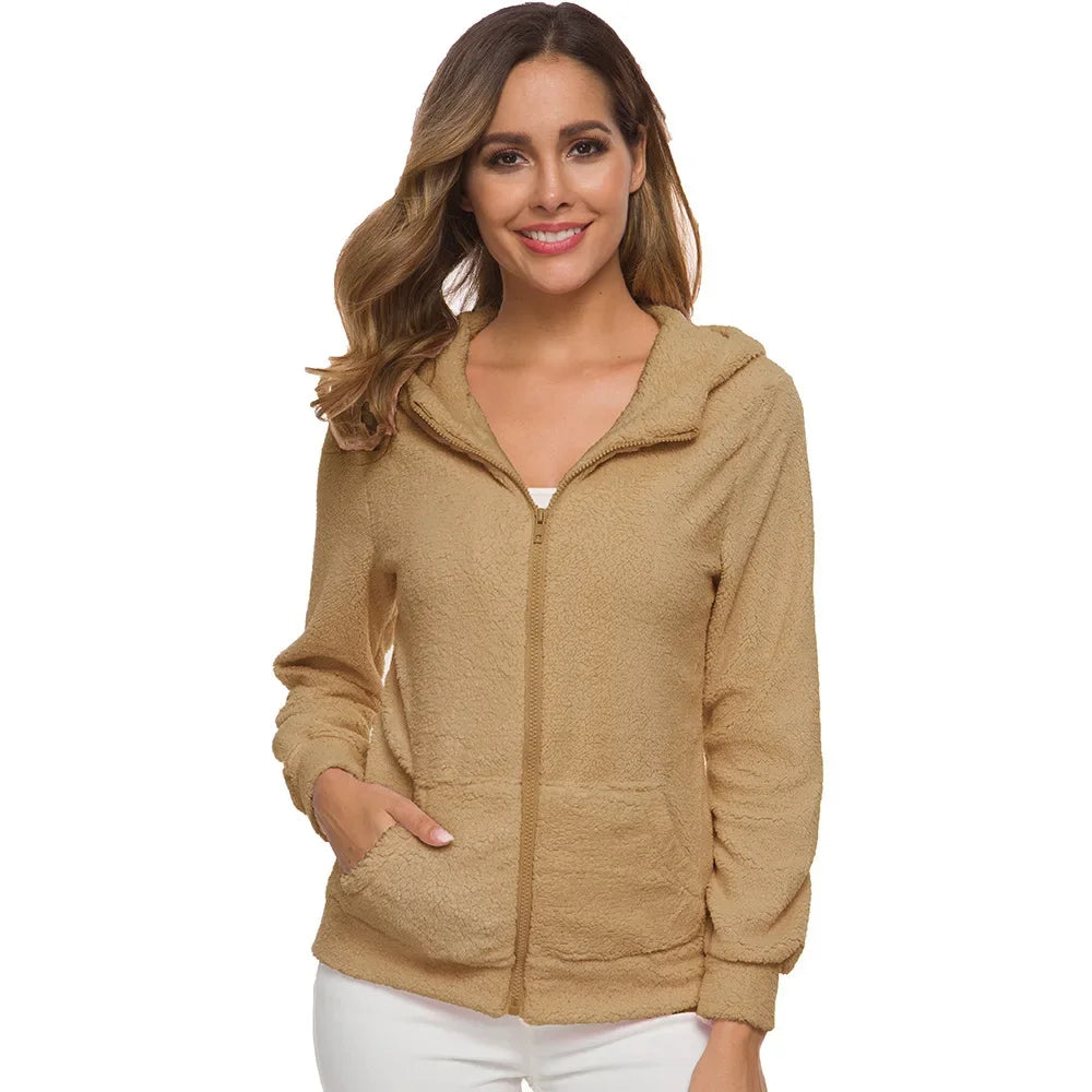 Chaqueta cálida de otoño e invierno para mujer, Sudadera con capucha informal 2025, sudaderas con capucha para mujer, sudadera con cremallera, abrigo liso de lana suave para mujer