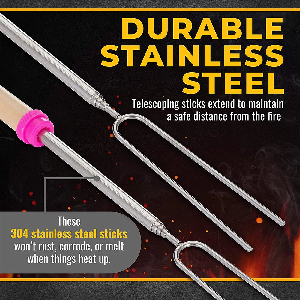 LMETJMA 8 Uds. Brochetas para barbacoa, palitos extensibles para asar malvavisco, brochetas telescópicas para barbacoa de acero inoxidable KC0467