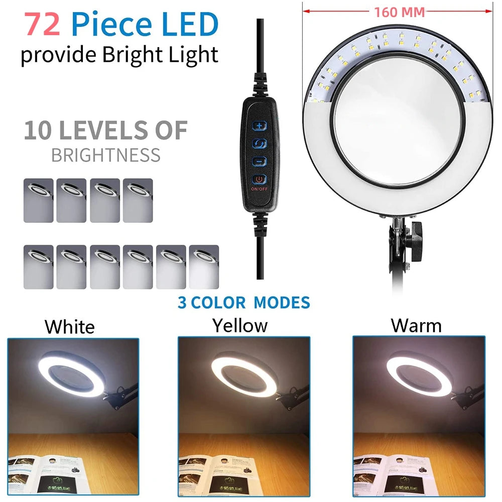 Lupa Iluminada de 72 LED 8X/10X NUEVA con USB, 3 Colores de Luz LED, para Soldadura, Reparación, Lámpara de Mesa, Cuidado de la Piel y Belleza