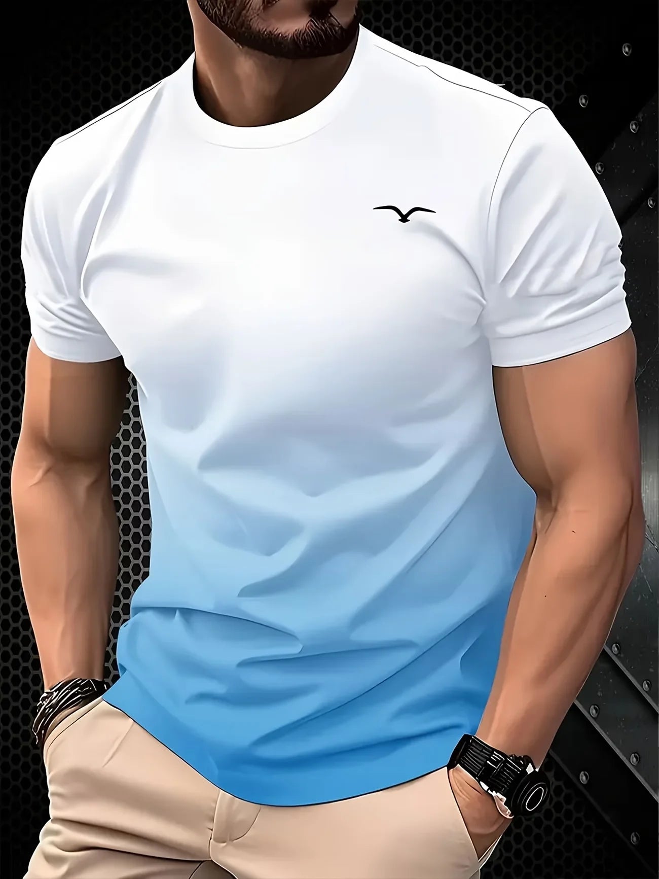 Camiseta 3D Degradado para Hombre, Estampado Ondas Turquesa y Dorado