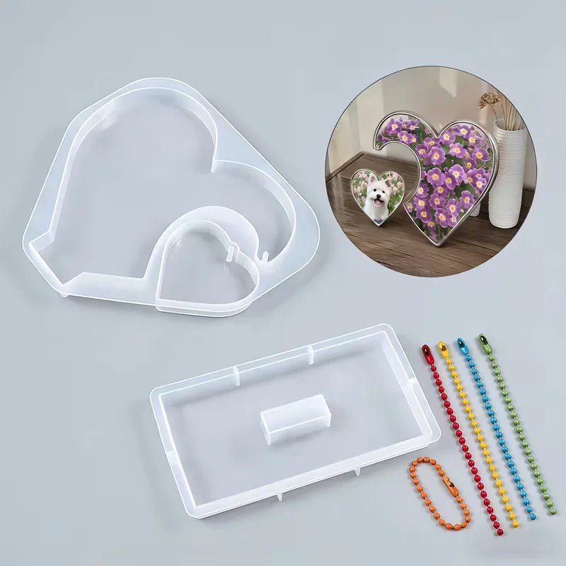 Juego de 7 moldes de silicona para resina epoxi y yeso aromático: colgantes combinados de corazón grande y pequeño, adornos para marcos de fotos