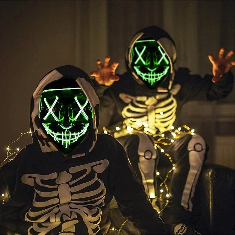 Cosplay disfraz de Halloween luz LED máscara de miedo máscara de Halloween cara para hombre niños Techwear máscara de encaje máscara facial decoración de fiesta