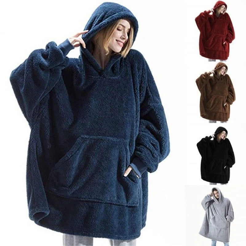 Sudadera con capucha de lana de doble cara para mujer y hombre, manta de gran tamaño con Bolsillo grande, sudaderas sueltas cálidas para pareja, bata de invierno 2024