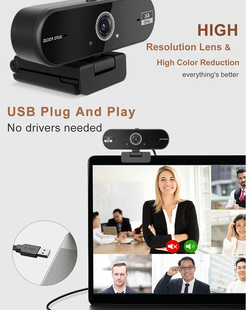 Cámara web JETO 4K UHD 8MP con doble micrófono AI y cancelación de ruido