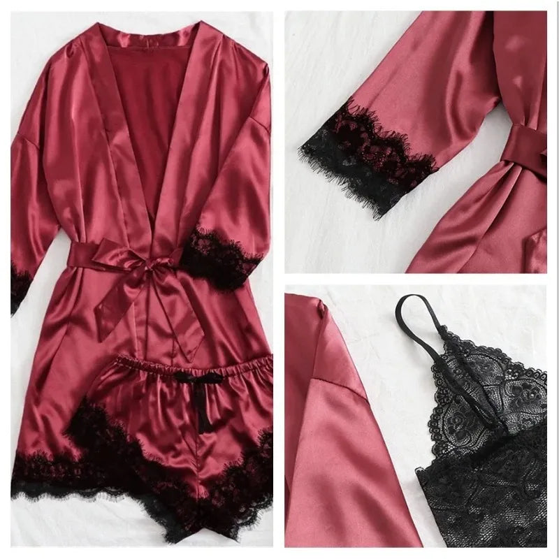 Conjunto Pijama de Satén 4 Piezas con Bata - Top con Encaje para Mujer