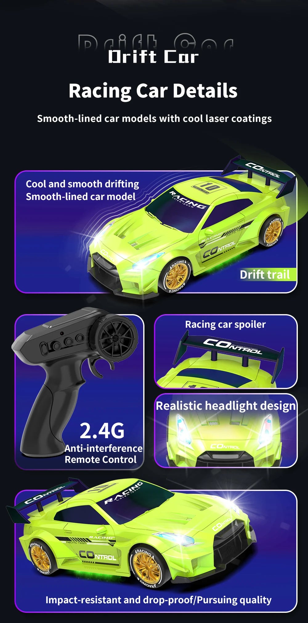 Mini Coche RC de Drift, 2.4G 4WD, Alta Velocidad con Luces LED