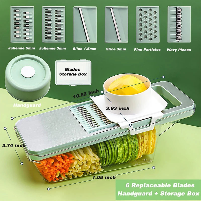 LMETJMA 6 en 1 rebanador de verduras mandolina rebanador de verduras con 6 cuchillas intercambiables rebanador de verduras triturador de juliana JT105