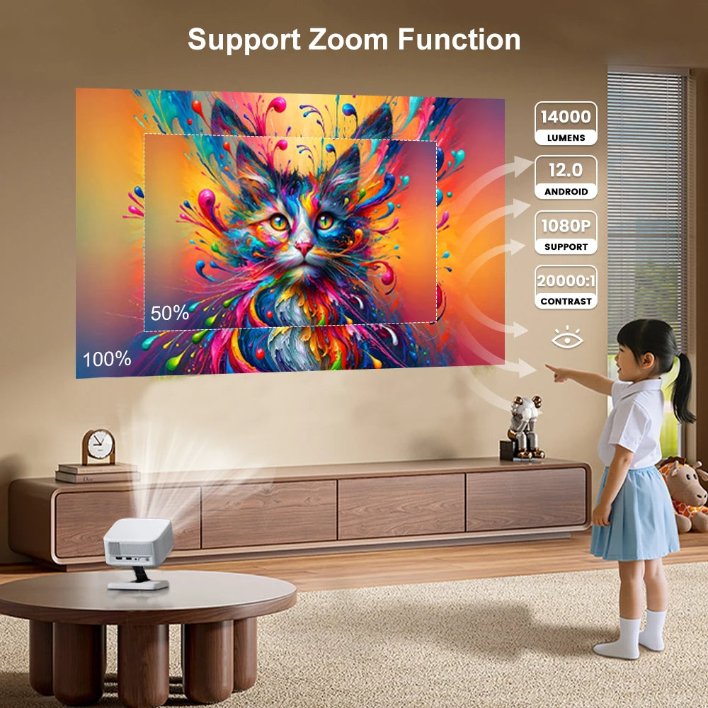 Mini Proyector Everycom SKY-R16 con Soporte, 14000 Lúmenes, Portátil, para Exteriores, Camping, Cine en Casa, Android 12, Smart LED Beam, PK HY320