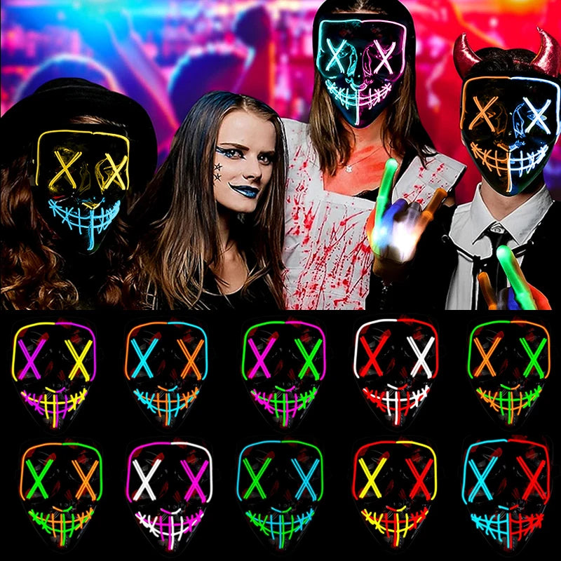 Máscaras Faciales Luminosas Inalámbricas para Halloween, Máscara Purge con Luz, Accesorios de Cosplay, Disfraz de Máscara Facial de Neón