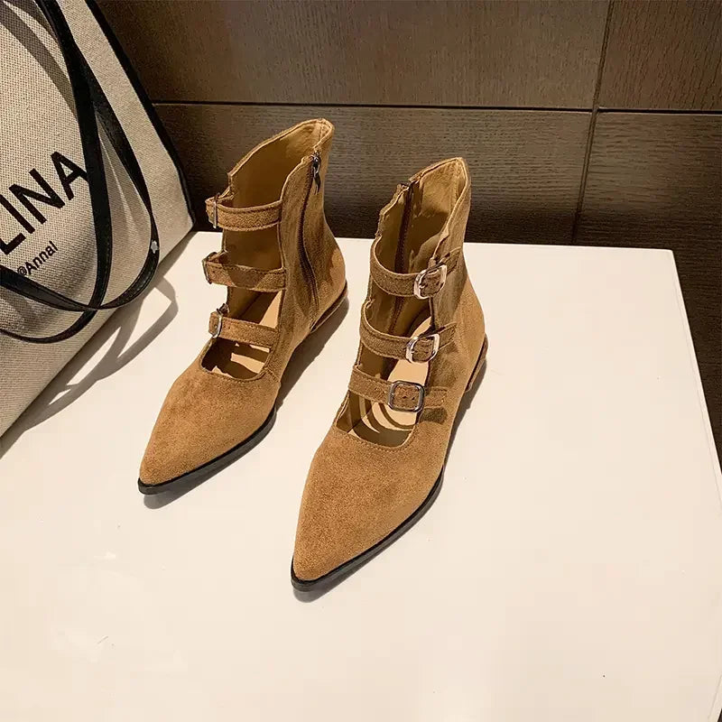 Botines de mujer en ante con hebillas y cremallera, estilo retro occidental