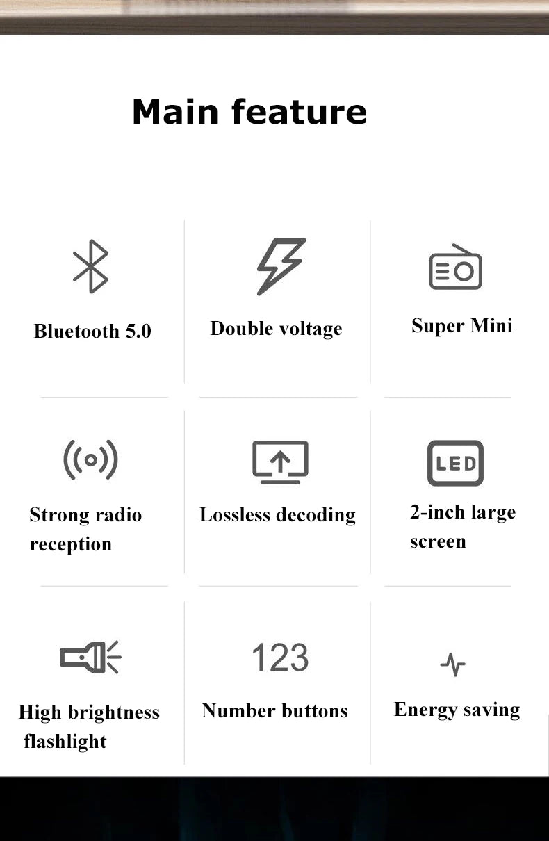 Mini Radio FM portátil Bluetooth 5.0 con tarjeta TF y linterna LED