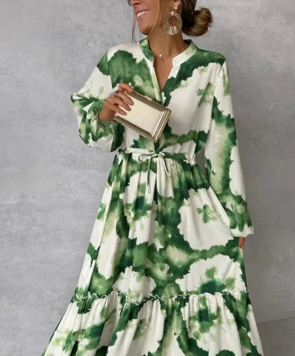2024 verano elegante mujeres Maxi vestidos moda estampado verde manga larga cuello en V ajuste de cintura Vestido largo Mujer Vestido de fiesta
