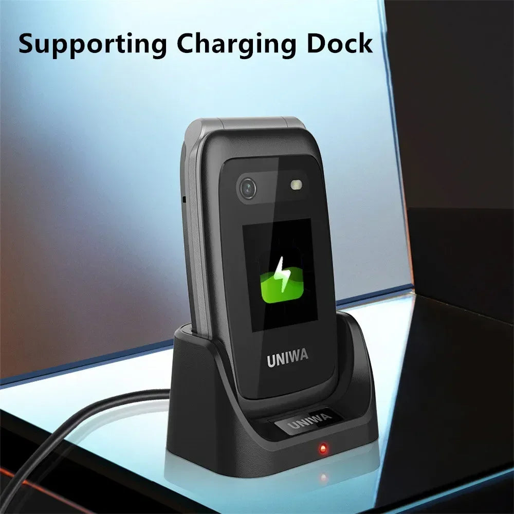 UNIWA V202T teléfono abatible pantalla Dual botón grande tarjetas SIM duales red 4G soporte para teléfono móvil base de carga para personas mayores